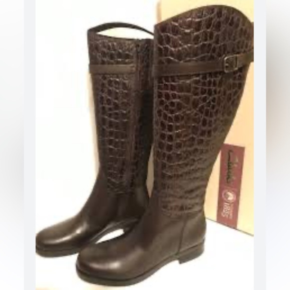 CLARKS HOPEDALE WISH BLACK & BROWN CROC EMBOSSED LEATHER KNEE HIGH BOOTS - Picture 1 of 6
